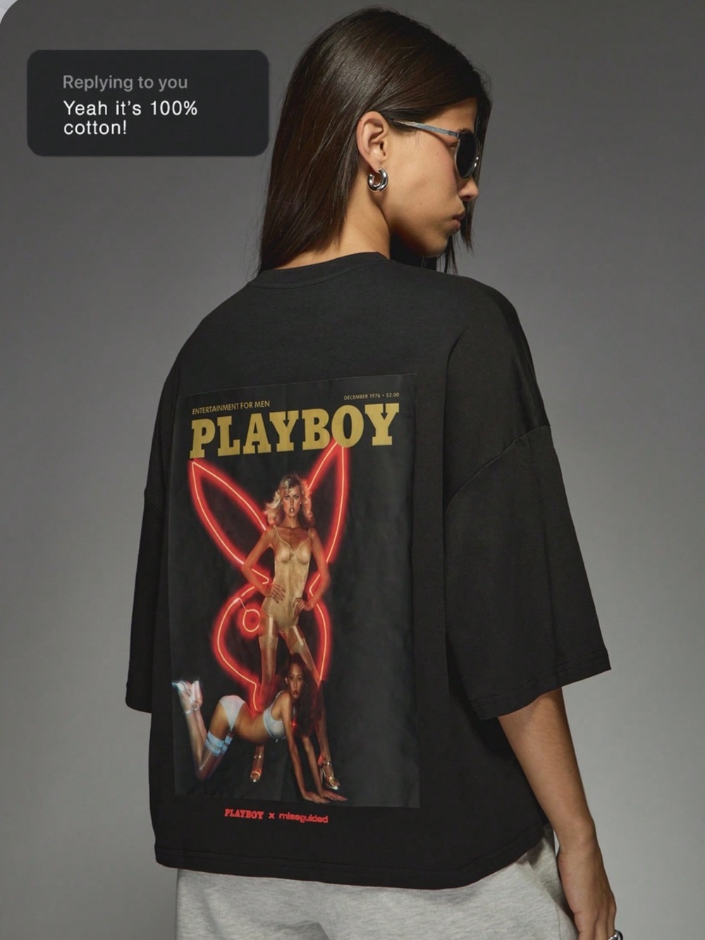 PLAYBOY Black Tee with Neon-Outline Bunny Back Print NWOT